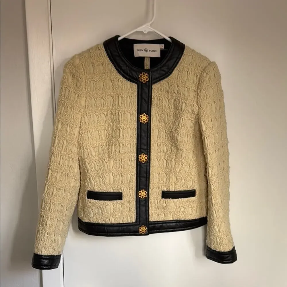 Tory Burch Cropped Boxy Tweed Wool Blend Blazer Jacket Size 0 Dark Natural Ivory